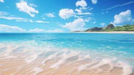A sun-drenched beach with golden sand and crystal-clear turquoise water lapping at the shore - obrazy, fototapety, plakaty