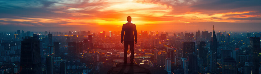 Fototapeta na wymiar Businessman Overlooking City at Sunset