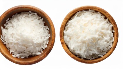Fototapeta na wymiar shredded coconut in the wooden bowl isolated on white background top view