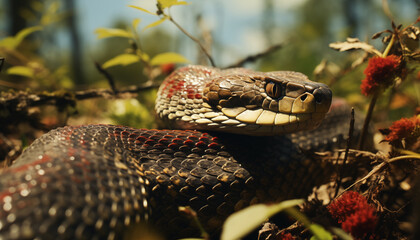 Naklejka premium snake on a tree close-up. symbol of the year of the wooden snake.