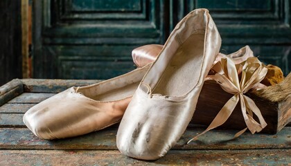 ballet slippers in well worn condition - obrazy, fototapety, plakaty