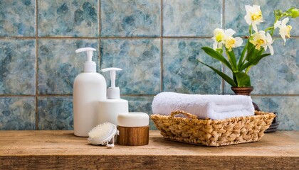 Fototapeta na wymiar hygiene accessories on wooden table in bathroom over tile wall