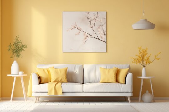 Cozy living room in a minimalist Scandinavian style with a white sofa, pillows and with pastel lemon yellow walls.