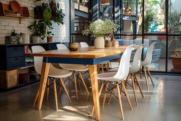 Room in Scandinavian style. Wooden table and ascetic interior design. Blue and white decor colors. Green plants and warm sunny atmosphere. - obrazy, fototapety, plakaty