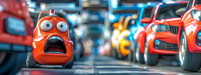 Animated Orange Car Character in a Busy Parking Lot