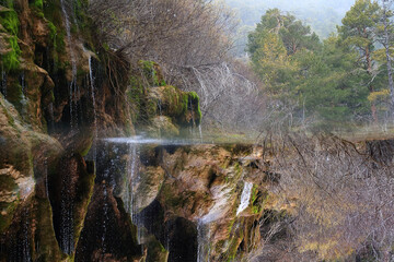 Water cascades over mossy rocks at the source of the Cuervo River in Cuenca, framed by a woodland backdrop