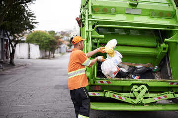 Garbage truck, dirt and man with collection service on street in city for public environment...