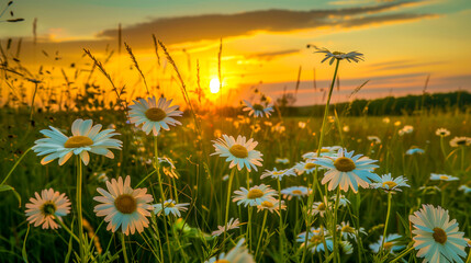 field of daisies at sunset