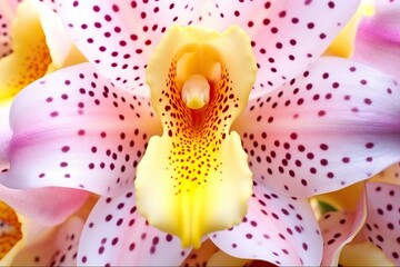 A vibrant pink and yellow orchid flower blooms, its delicate petals displaying a beautiful contrast in color and texture