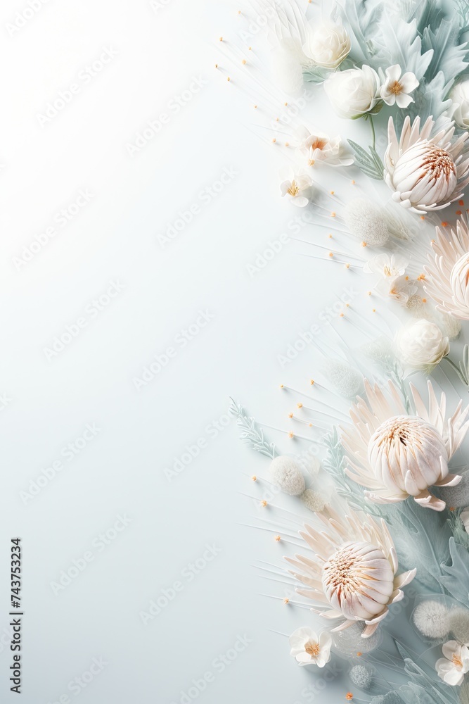 Poster serene white background adorned with colorful flowers and delicate leaves, creating a dreamy and enc