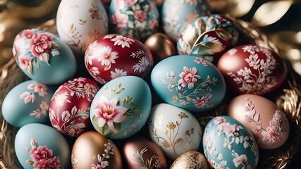 Close-up of hand-painted Easter eggs with intricate designs and vibrant colors.