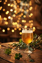 St.Patrick 's Day. Glass of beer with foam on a wooden tabletop. Bunch of lucky four-leaf clover. Selective focus, background with bokeh circles.