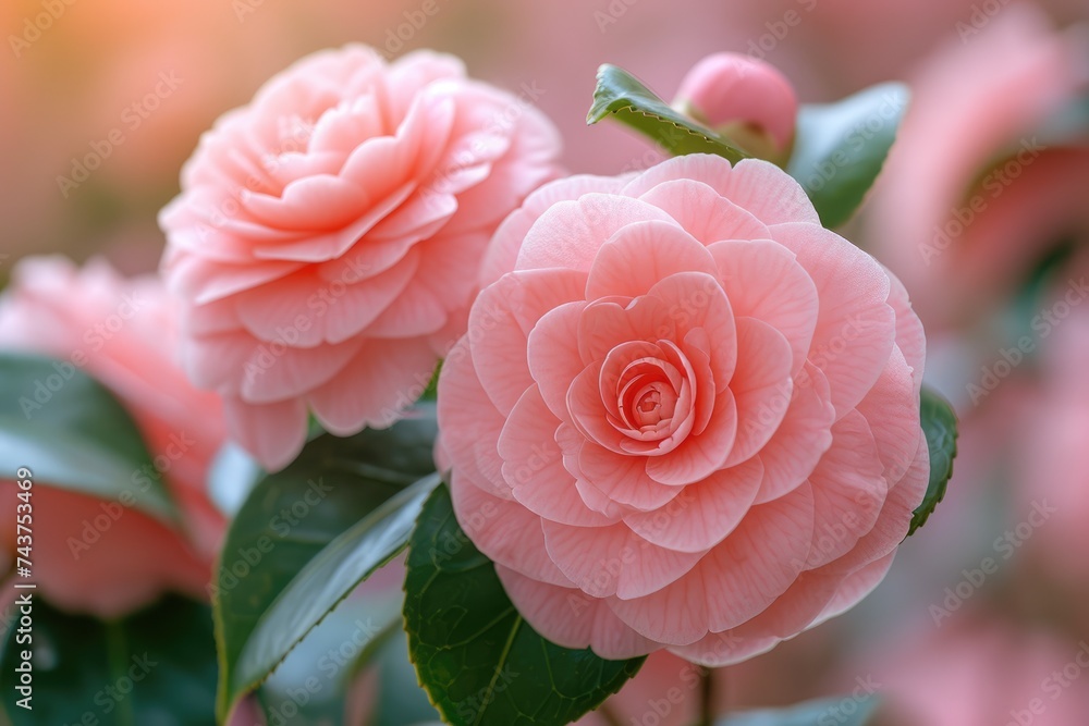 Poster A stunning pink flower stands out against a backdrop of lush green leaves, showcasing its delicate beauty and natural elegance