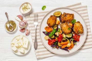  baked chicken thighs with veggies, olives, feta © myviewpoint