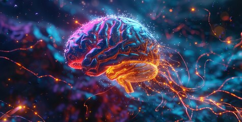 Brain is depicted in colorful lights of electronic flashes around it