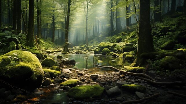A serene forest clearing with dappled sunlight filtering through the leaves onto a moss-covered ground