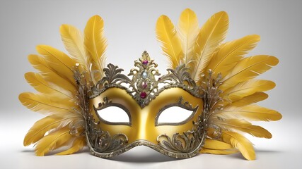 yellow venetian carnival mask on white screen , 3d rending 