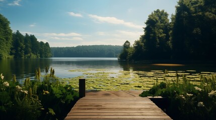 A panoramic view of a tranquil lake surrounded by lush greenery, with a wooden dock stretching out into the water