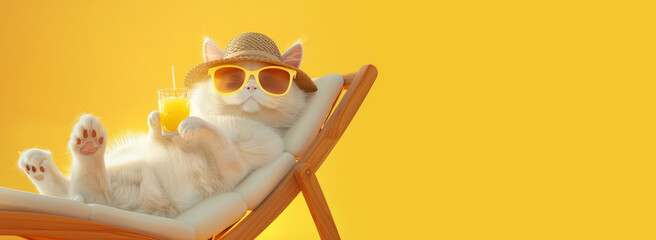 Funny white cat in sunglasses, straw hat lies on beach lounger and holds summer cocktail, juice on yellow background. Travel, holiday concept, vacation, tourism. 3D illustration Fun summer background