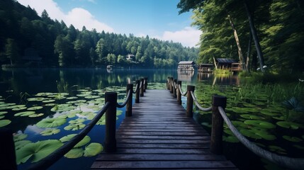 A panoramic view of a tranquil lake surrounded by lush greenery, with a wooden dock stretching out into the water
