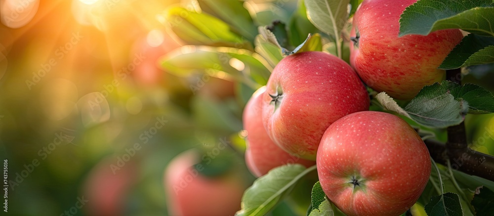 Poster a cluster of vibrant red apples hangs from a tree in a summer apple orchard.