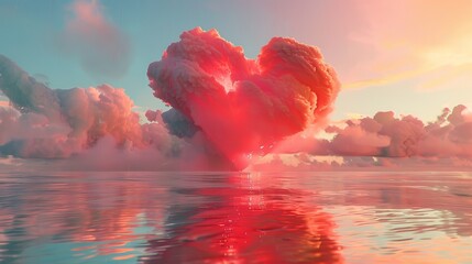 Red heart shaped cloud in the middle of the ocean, love in the air