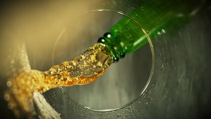 Super Slow Motion of Macro Shot of Pouring Beer drink. Unique Perspective from inside of a Glass. Filmed on High Speed Cinema Camera, 1000 fps. Speed Ramp Effect.