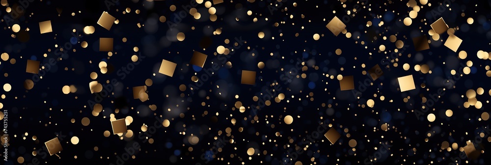 Poster A mesmerizing display of shiny gold confetti against a deep black backdrop, creating a luxurious and elegant scene