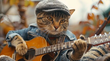 The cat plays the guitar. Cat guitarist. Created with Generative AI