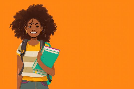 African American student girl, schoolgirl smiles and holds a stack of books on plain orange background. Vector illustration, flat lay sketch. Children's education concept, college. Place for text