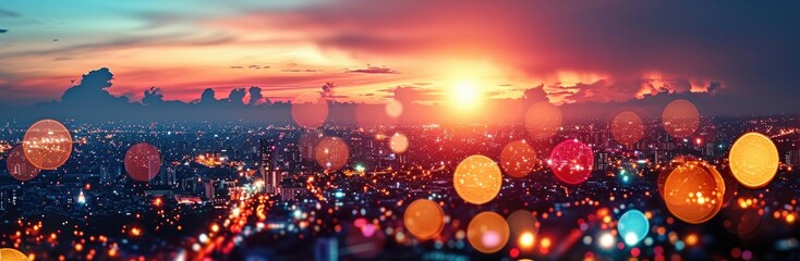 Bokeh lights twinkle over an urban skyline bathed in the warm hues of dusk.