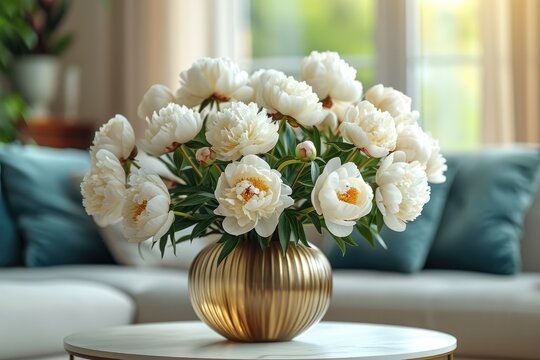 A delicate vase holds a bouquet of white flowers, resting elegantly on a wooden table
