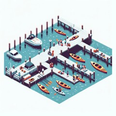 Pixel art of harbor and kayak with a white background, in the style of early 90s video game console, cute 8 bit illustration