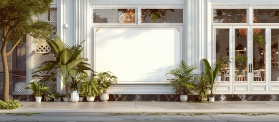 A white building stands tall with numerous potted plants lined up in front of it, creating a green and vibrant display. The buildings facade is clean and simple, making the plants stand out against