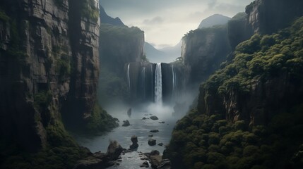 A majestic waterfall plunging into a misty gorge surrounded by towering cliffs - obrazy, fototapety, plakaty