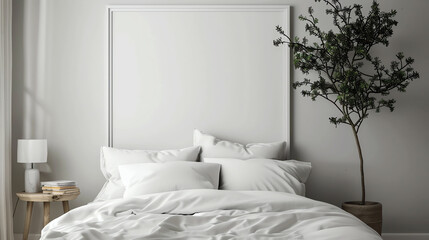 Fototapeta na wymiar Minimalist Bedroom with Blank Wall Frame Mockup