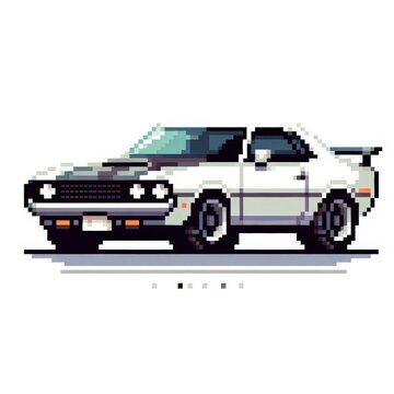 Pixel art of sport car with a white background, in the style of early 90s video game console, cute 8 bit illustration