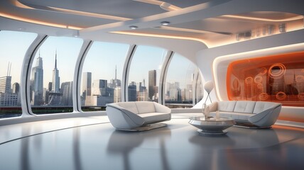 Futuristic interior design of modern showroom with large windows and city urban landscape. 