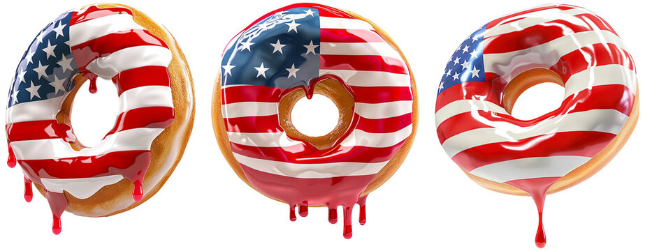 Set of Red white blue donut american flag suspended in air cutout on transparent background. 4th of July USA Independence Day. advertisement. product presentation. banner, card, t shirt, sticker.