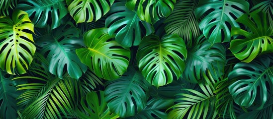 Fototapeta na wymiar A large group of vibrant green leaves covers a wall, creating a lush and tropical pattern. The leaves are densely packed together, creating a visually striking display.
