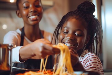 African American mom and her daughter enjoying a fun moment while cooking pasta in a well-lit kitchen