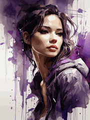 Watercolor abstract vector illustration with a young beautiful girl in purple tones. For print and web.
