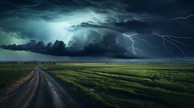 A dramatic thunderstorm rolling in over a patchwork of farmland, with lightning flashing in the distance