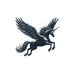 The Black Unicorn. Fly Horse. Black white vector illustration.