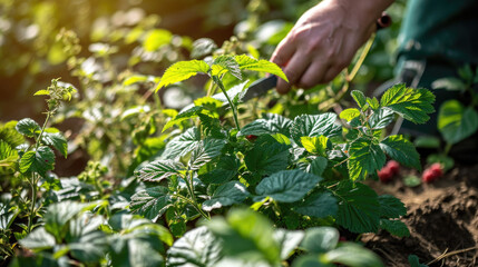 Person harvesting raspberries in garden