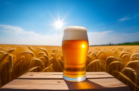 One glass with pmv against the background of a wheat field and blue sky