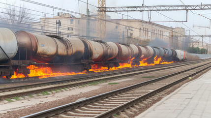 Fototapeta na wymiar Explosive Catastrophe: Train Collision Ignites Toxic Blaze