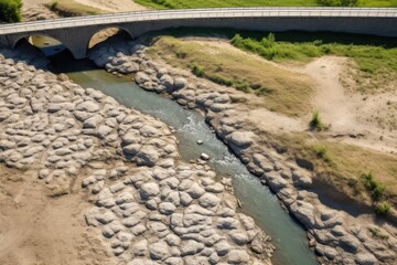 Dry Riverbed Under Stone Bridge. A top-down view of a stone bridge arching over a nearly dried-up river, surrounded by parched terrain.