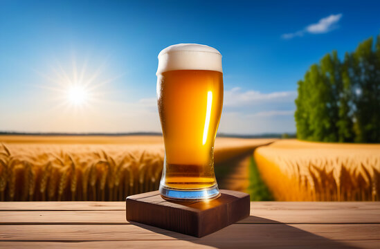One glass with pmv against the background of a wheat field and blue sky