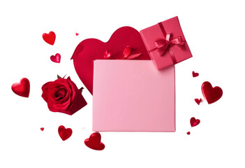 Valentines day banner Red envelopewith Gift box and hearts on pink background Romantic concept